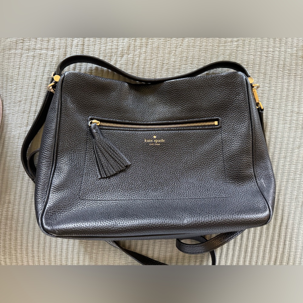 Kate Spade Black Leather Messenger Bag with Gold Accents